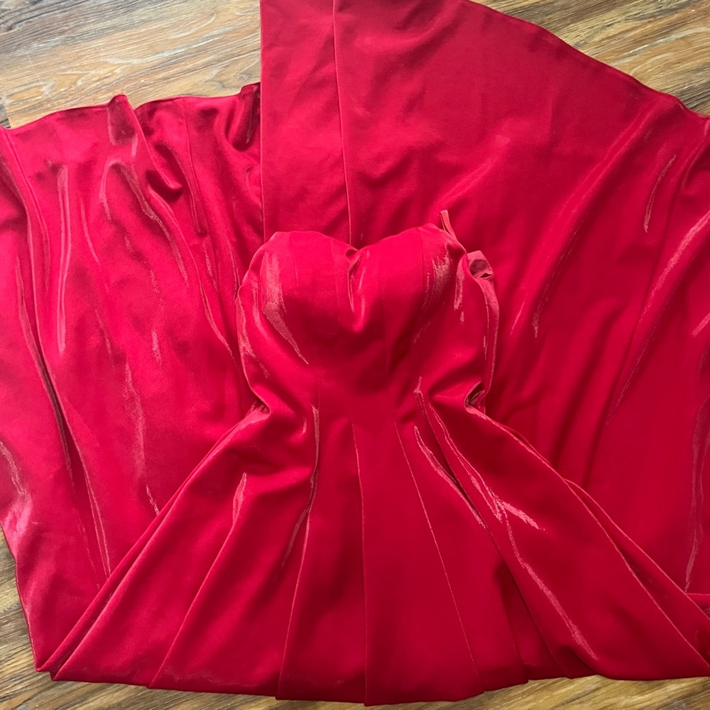 Strapless Pointed A-line Red Formal Prom Dress with Lace-Up Corset Back